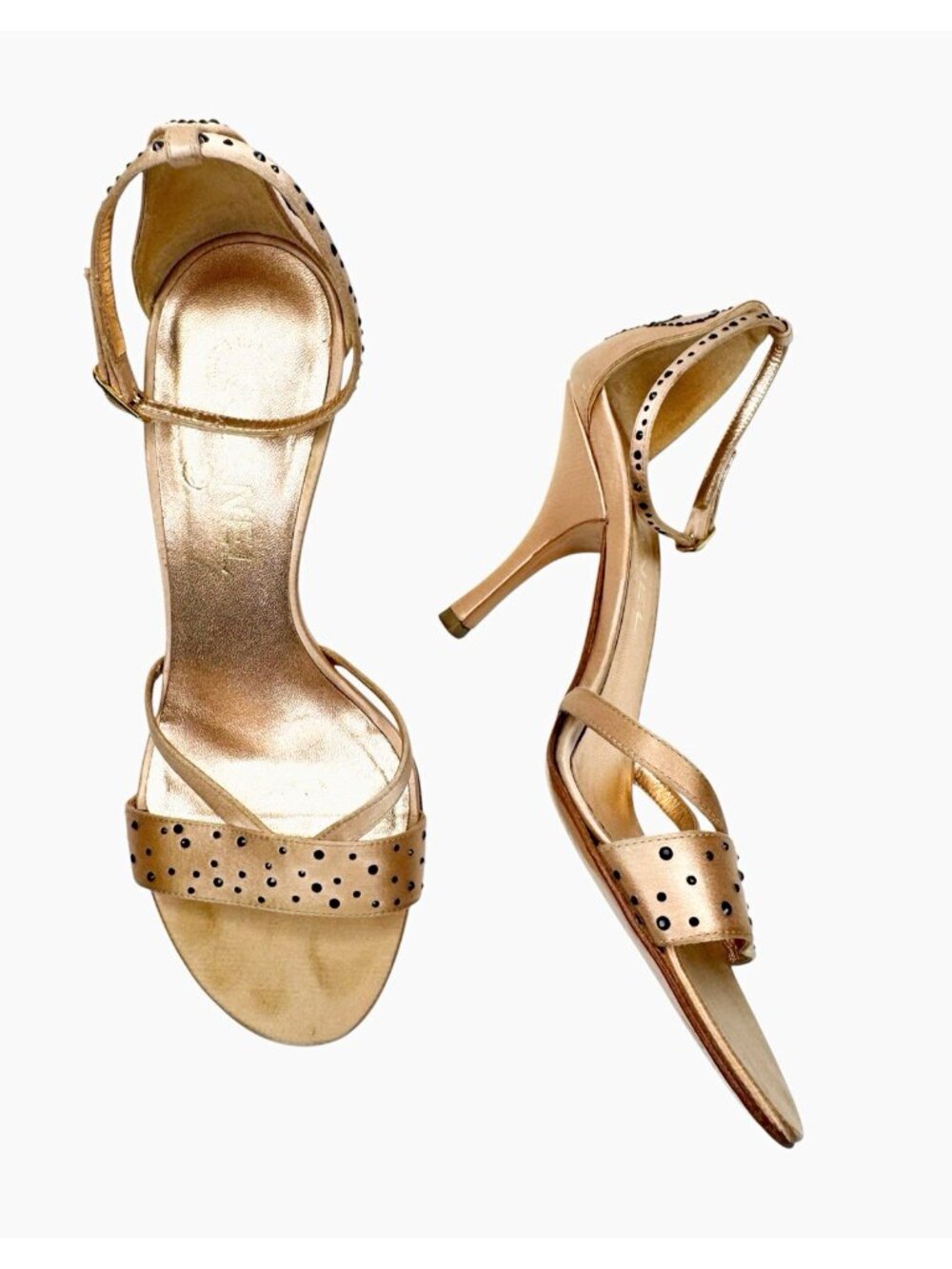 Chanel 36 Champagne Satin Crystal Camellia Heels Ankle Strap Sandals CC